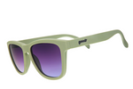 Photograph of goodr sunglasses featuring matte sage green frames goodr logo on the temple and striking purple to blue gradient lenses