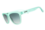 Product photography of goodr sunglasses featuring a frosted mint green frame with dark grey gradient lenses and the goodr logo on the temple