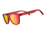 Product photograph of goodr Phoenix at a Bloody Mary Bar sunglasses featuring matte translucent red frames and vibrant yellow-orange mirrored gradient lenses