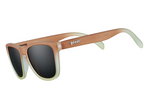 goodr sunglasses featuring a frosted rectangular frame that gradients from tan to light green with dark lenses