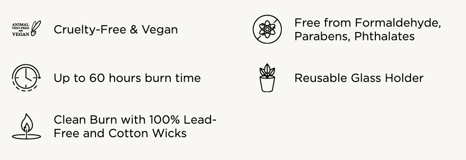 Graphic displaying key product features including cruelty-free and vegan, up to 60 hours burn time, and free from formaldehyde parabens phthalates