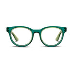 A pair of stylish rounded retro eyeglasses with a deep green outer frame and lighter lime green inner rim and temples on a white background