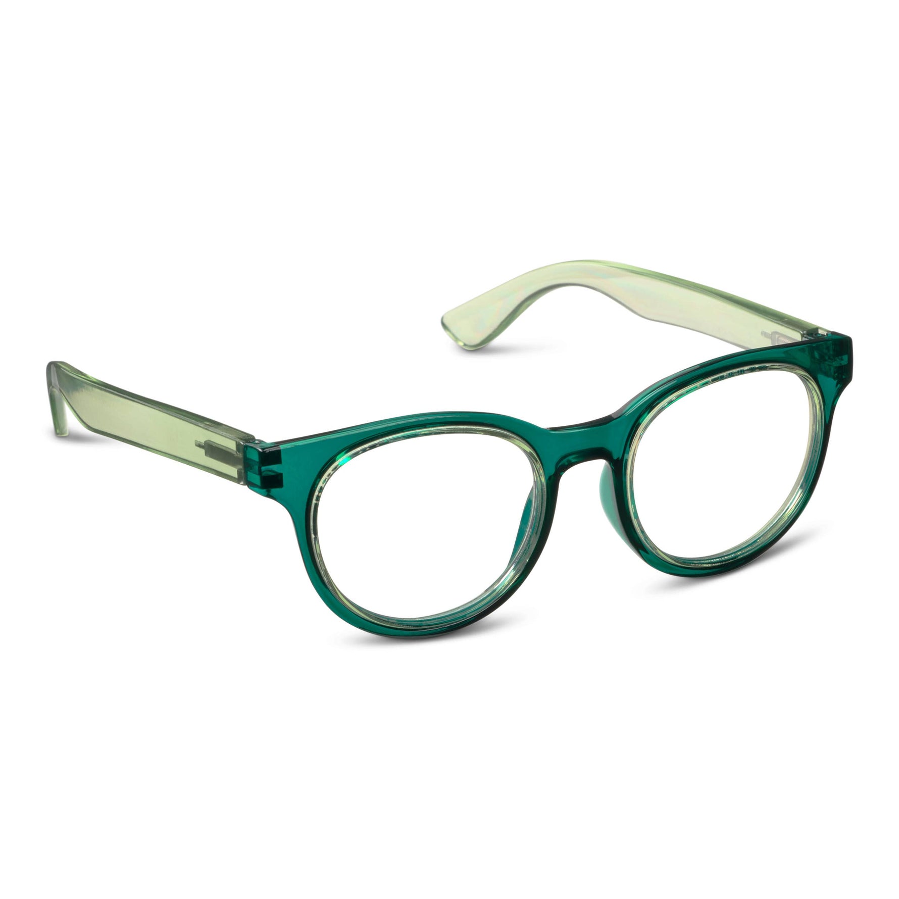 A pair of trendy round eyeglasses featuring translucent emerald green frames and lighter pale green temples against a clean white backdrop