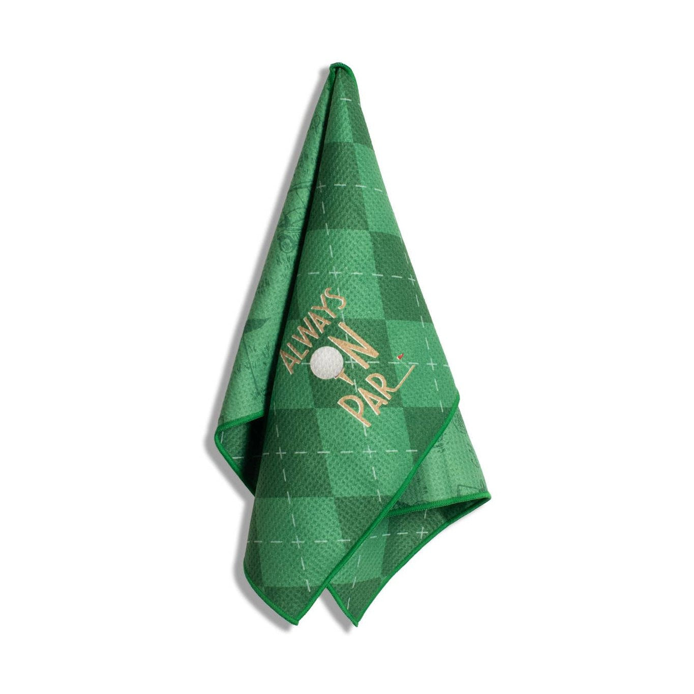 Green checkered golf towel hanging on a white background featuring embroidered gold text "ALWAYS ON PAR" with a white golf ball and tee graphic and a vibrant green trim