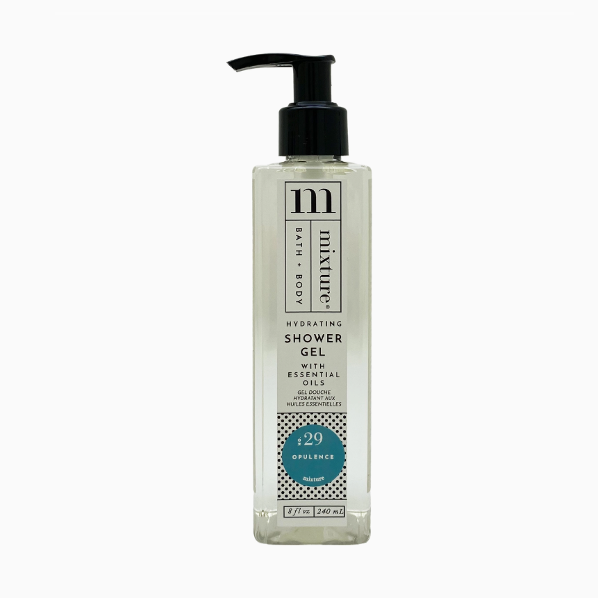 Mixture Hydrating Shower Gel in a clear rectangular bottle with a black pump dispenser, featuring a label with the brand name and a distinctive teal blue 