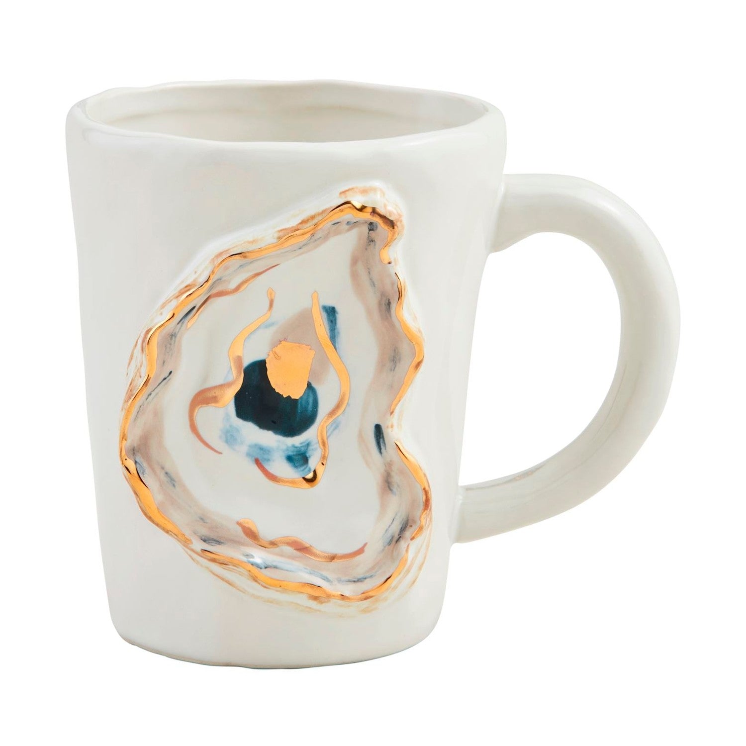 Ceramic white mug featuring an abstract oyster shell design with metallic gold accents and swirls of blue and brown paint