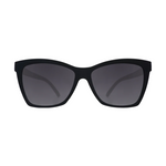 Product photography of a pair of black matte cat-eye sunglasses with dark grey gradient lenses on a plain white background