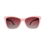 Light pink cat-eye sunglasses featuring gradient dark reddish-brown to grey lenses and dark brown temples