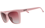 Goodr sunglasses featuring pastel pink square frames with gradient pink-to-gray lenses and the goodr logo on the temple