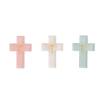 Three translucent pastel crosses in pink, white, and light blue each with a small gold crucifix design on a white background