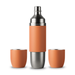 A Parkside Flask stainless steel travel set featuring an orange silicone-sleeved bottle and two matching orange cups