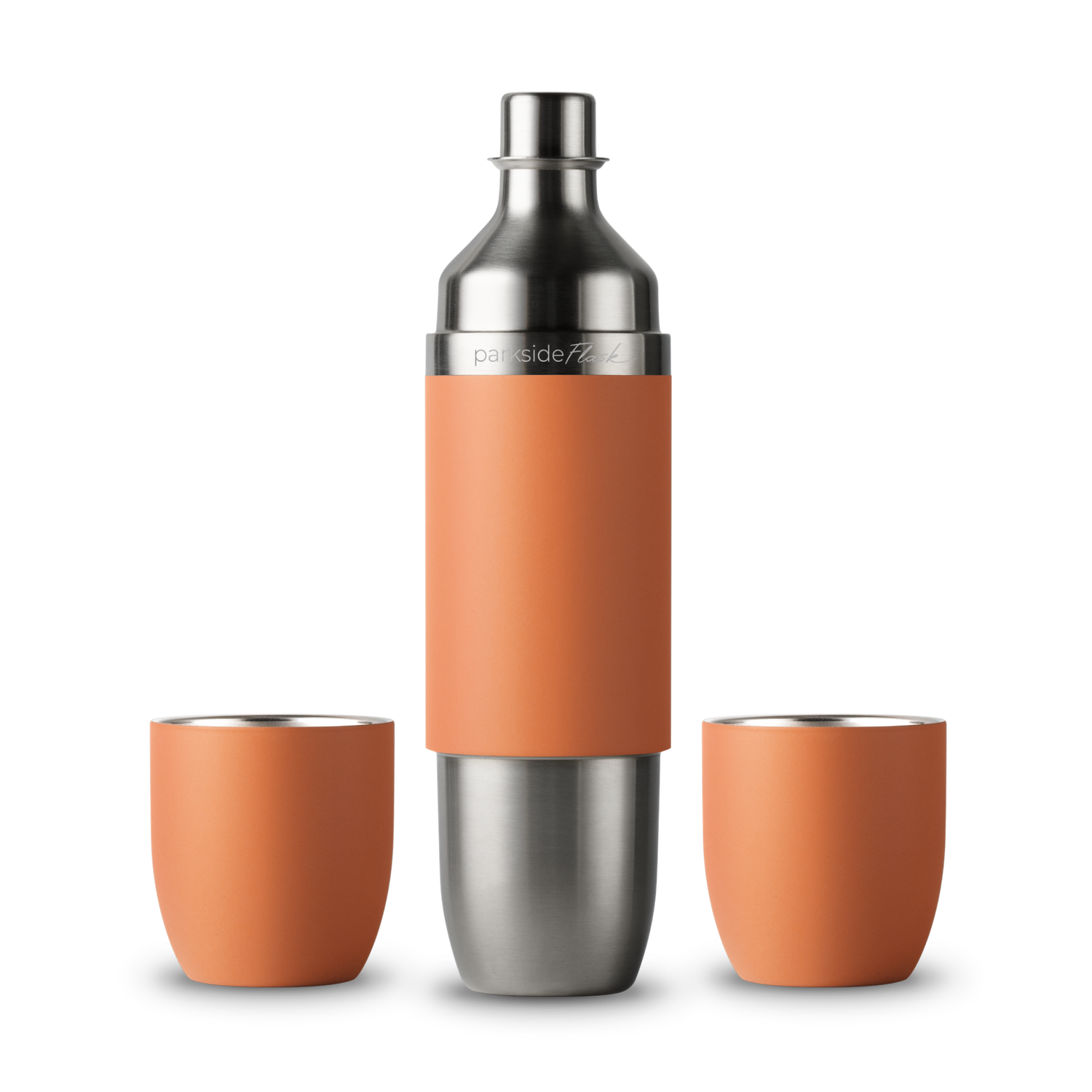 A Parkside Flask stainless steel travel set featuring an orange silicone-sleeved bottle and two matching orange cups