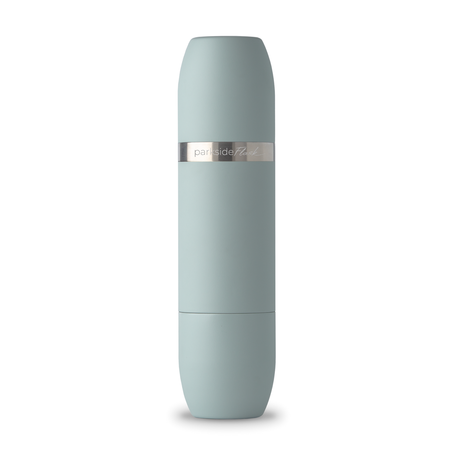 Product photo of a matte light blue Parkside Flask on a black background featuring a tapered cylindrical shape and a silver metallic band with the text parkside Flask