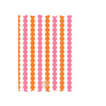 Digital graphic of a vibrant pattern featuring vertical stripes of alternating pink and orange circles on a white background with a gold-colored ornate emblem and a scalloped right edge