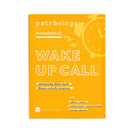 Graphic design packaging by Patchology for the Wake Up Call energizing sheet mask featuring a vibrant yellow background with a stylized white alarm clock illustration and bold typography highlighting caffeine and ginseng ingredients