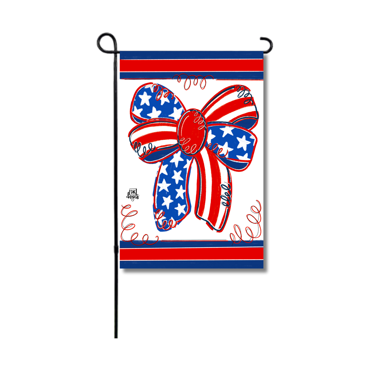 Digital illustration by DK designs of a patriotic garden flag featuring a large American flag-themed bow with red and white stripes and blue stars, complemented by whimsical red swirls and bold red and blue border stripes