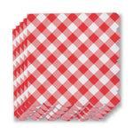 A stack of paper napkins featuring a classic red and white gingham pattern and decorative scalloped edges on a white background
