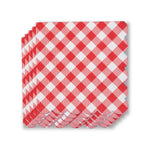 Photograph of a stack of red and white checkered paper napkins featuring decorative scalloped edges and a diagonal gingham pattern on a clean white background