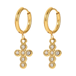 Gold-tone hoop earrings featuring dangling cross pendants, each adorned with seven brilliant clear rhinestones