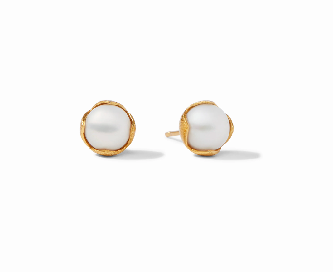 Gold stud earrings with white pearls in a textured gold setting