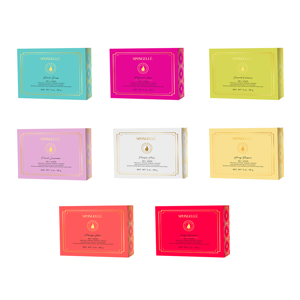 Eight rectangular Spongelle pedi buffer boxes in various colors arranged in a grid
