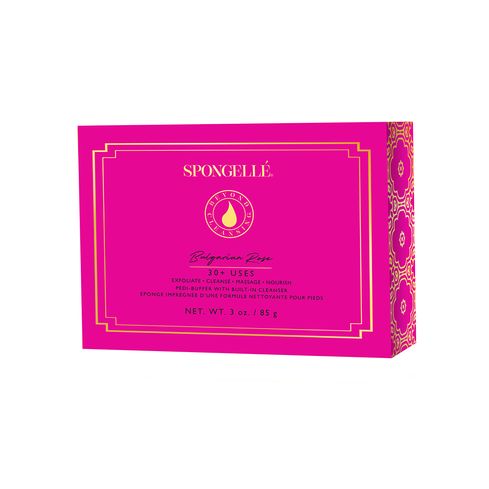 Spongelle Bulgarian Rose pedi buffer box in bright pink with gold text and decorative border