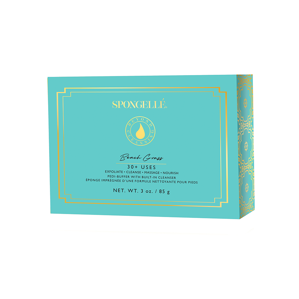 Spongelle Beach Grass pedi buffer box in turquoise with gold text and border