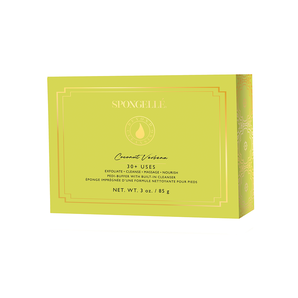 Spongelle Coconut Verbena pedi buffer box in lime green packaging