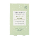 Voesh New York product package a light green speckled box for Pedi Moments Green Tea Detox DIY At-Home Spa Pedicure Kit prominently featuring a Vegan Clean logo and detailing included items like sea salt soak sugar scrub and mud masque