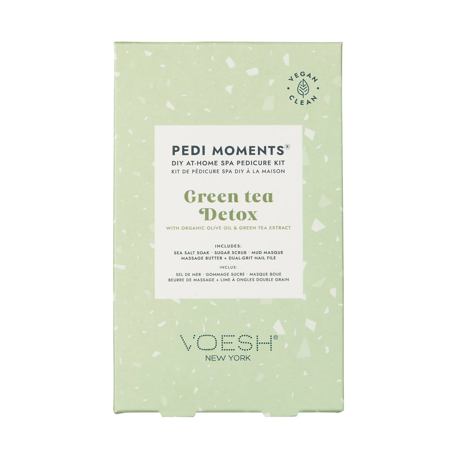 Voesh New York product package a light green speckled box for Pedi Moments Green Tea Detox DIY At-Home Spa Pedicure Kit prominently featuring a Vegan Clean logo and detailing included items like sea salt soak sugar scrub and mud masque