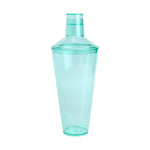 A translucent mint green plastic three-piece cocktail shaker with a conical top