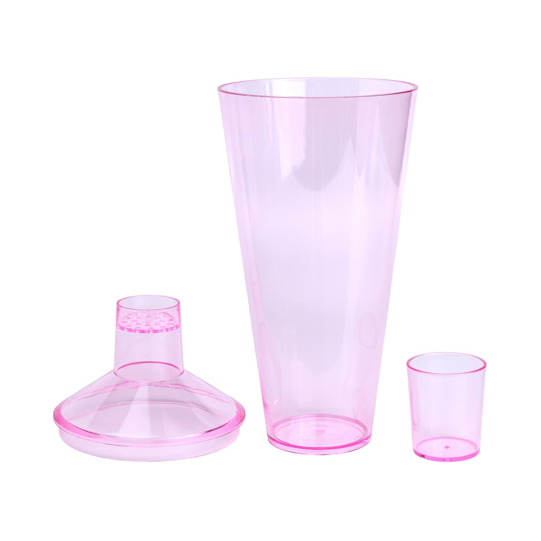 Translucent pink plastic barware set featuring a tall tapered pitcher, a small shot glass, and a funnel with a perforated strainer top