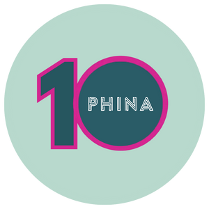Phina 10 logo in teal and pink on a mint circle