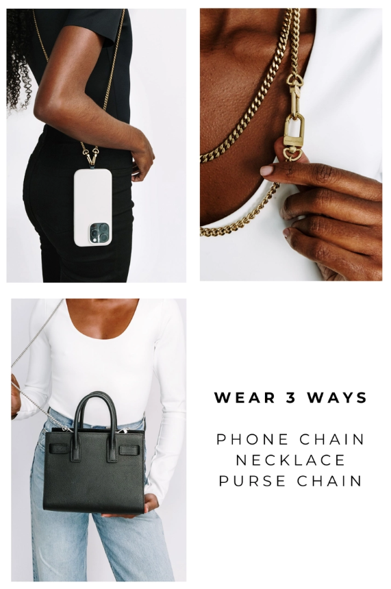 Photograph of a versatile gold and silver chain accessory demonstrated on a model in three ways as a cross-body phone chain with a white phone case a thick layered necklace and a strap for a black structured handbag