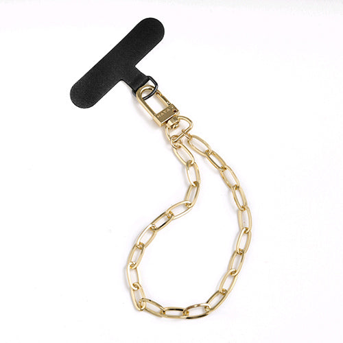 Black phone tether tab with a gold chain wrist strap