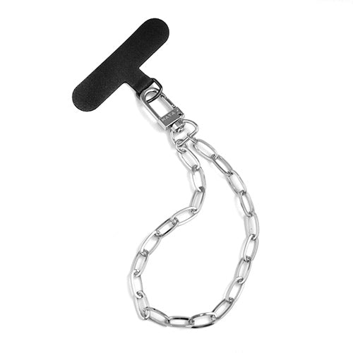 Black T-shaped phone anchor with a silver metal chain strap