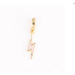 Gold lightning bolt charm featuring light pink enamel fill and a top clip clasp on a white background