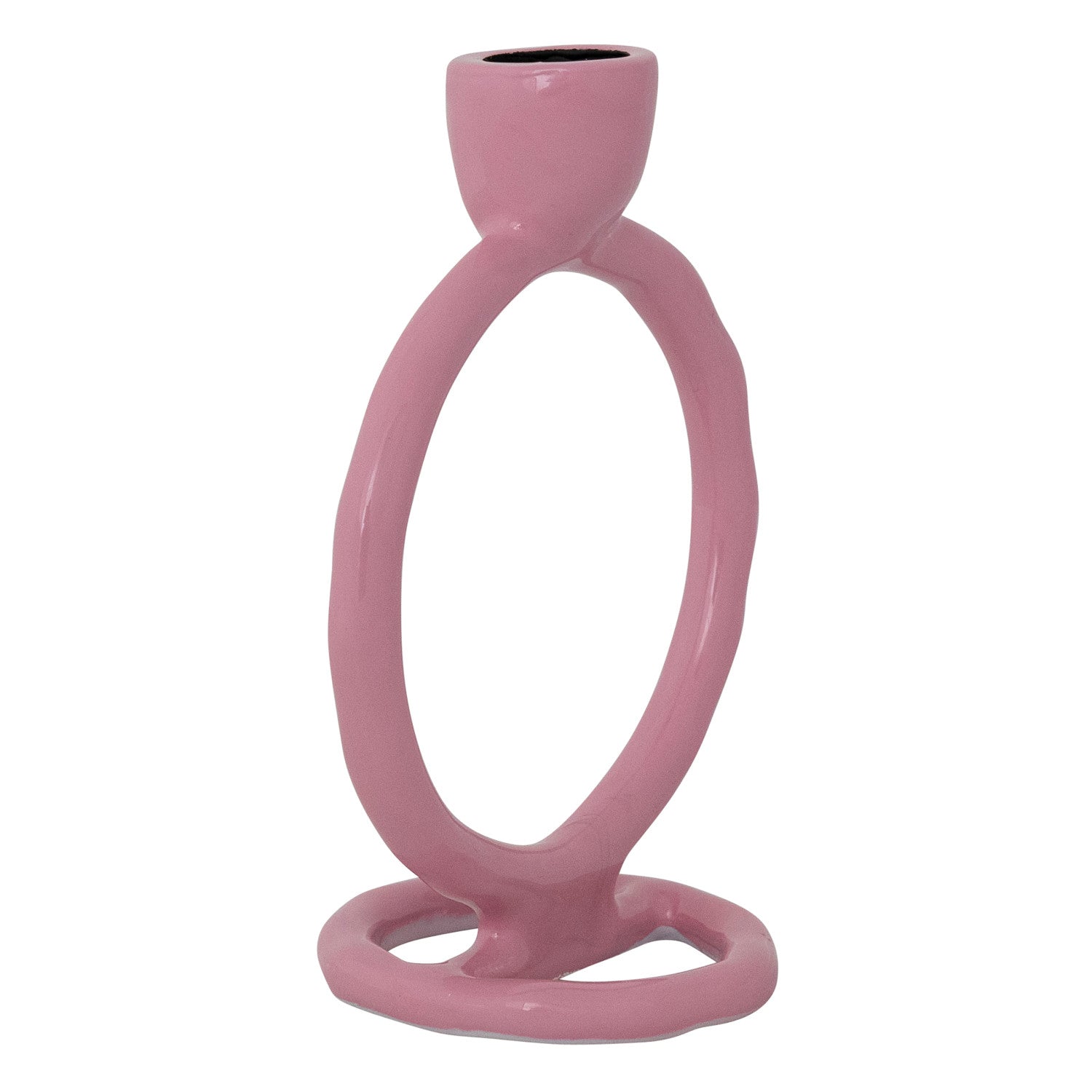 Glossy ceramic sculptural dusty rose candlestick featuring an elongated figure-eight loop and black interior opening