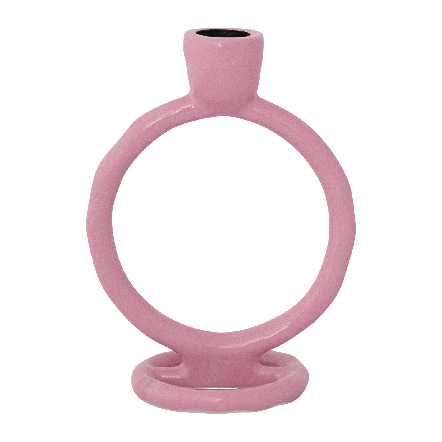 Ceramic pink glossy abstract ring-shaped candle holder with a top opening and organic base