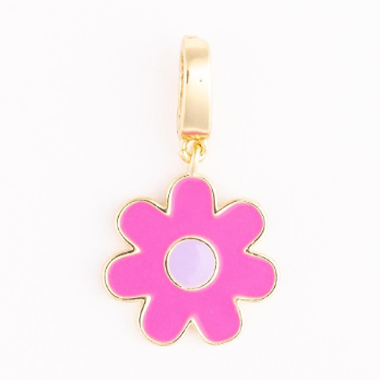 Jewelry charm of a flower with bright pink petals a light purple center and a gold-colored outline