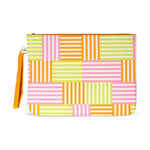 Rectangular zipper pouch with a geometric pattern of pink orange and yellow stripes
