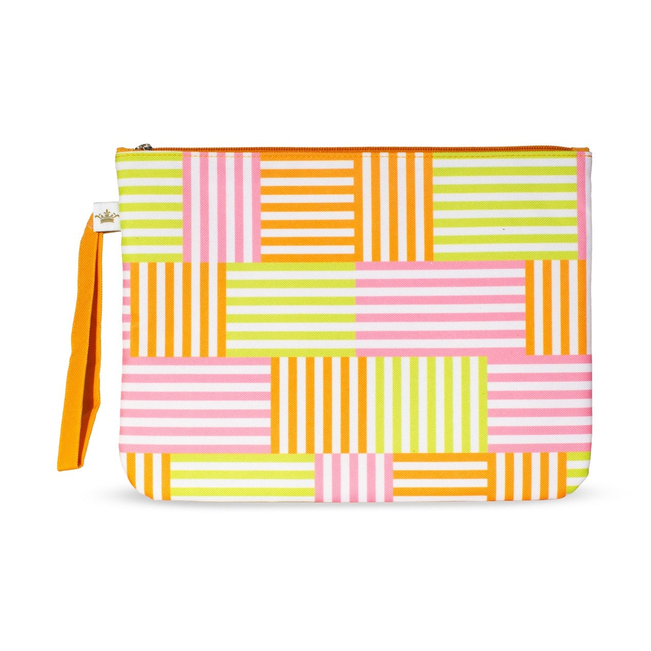 Rectangular zipper pouch with a geometric pattern of pink orange and yellow stripes