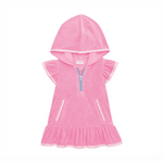 Pink terrycloth hooded beach cover-up with a light blue zipper, ruffled cap sleeves, and white ric-rac trim on the hood, pockets, and ruffled hem