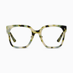 A pair of oversized square eyeglasses with a pale green and black mottled acetate frame, clear lenses, and small gold temple studs on a white background