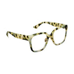 Light green yellow and black tortoiseshell eyeglasses featuring thick, slightly angular frames and subtle gold hinge accents