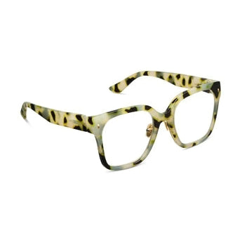 Light green yellow and black tortoiseshell eyeglasses featuring thick, slightly angular frames and subtle gold hinge accents