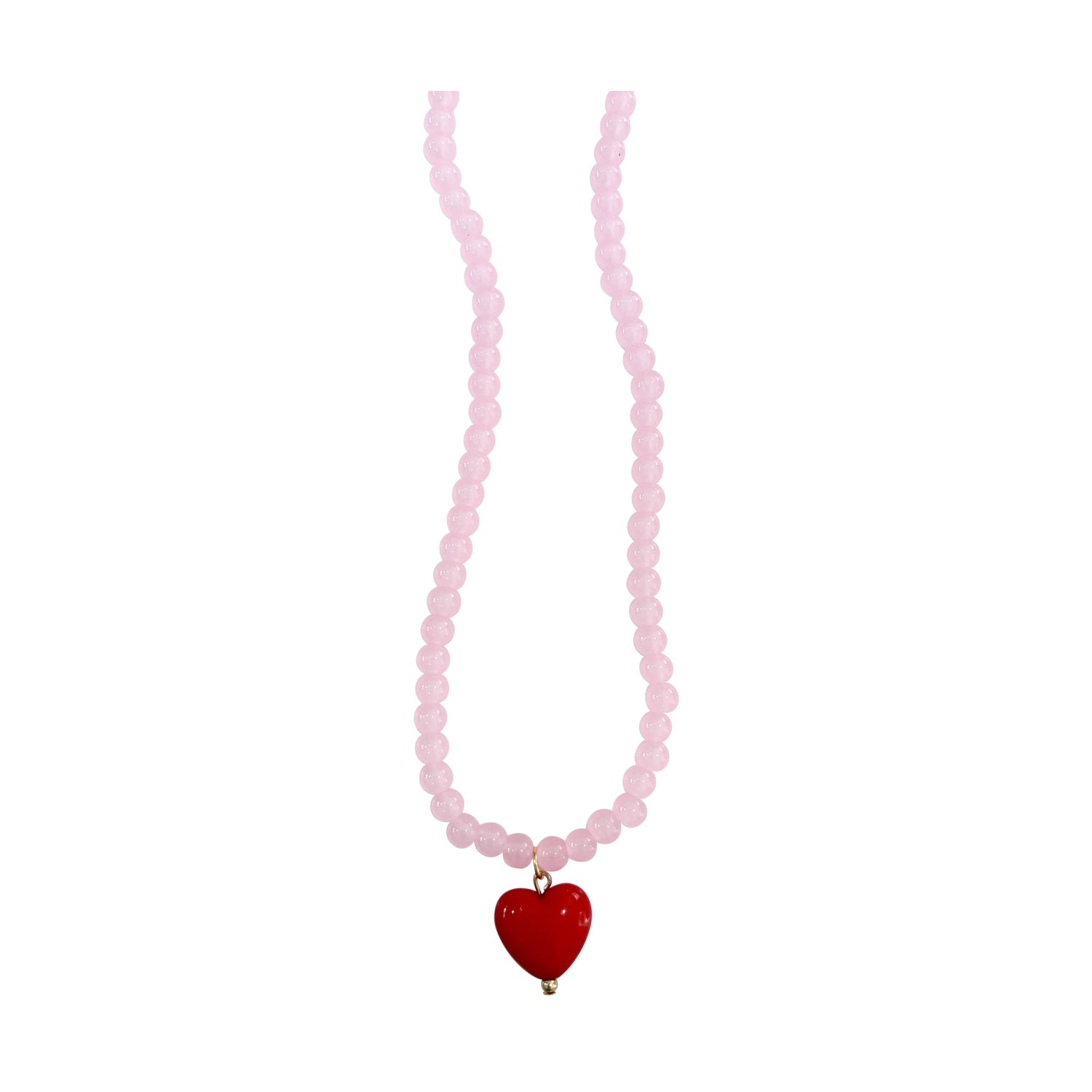 Rose quartz and ceramic beaded necklace featuring a glossy red heart-shaped pendant and translucent pink spherical beads displayed against a minimalist white background