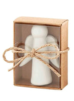 Ceramic figurine of a minimalist white angel displayed in a brown cardboard gift box with a clear window and tied with a rustic twine bow