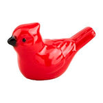 Ceramic figurine of a vibrant red cardinal bird set against a white background featuring a glossy glaze a short black beak and a molded crest