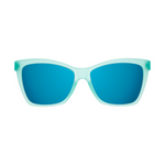 Product photo of a pair of sunglasses featuring frosted mint green frames and mirrored blue lenses in a subtle cat-eye style